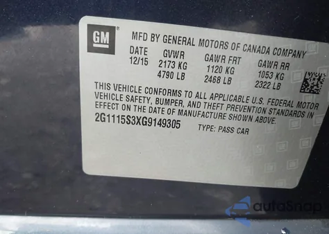 2016 Chevrolet Impala 2Lt z USA, uszkodzony, nr VIN 2G1115S3XG9149305